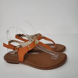 MICHAEL KORS MK Plate Sandals Womens 7 Orange Leather Gold Logo Flats